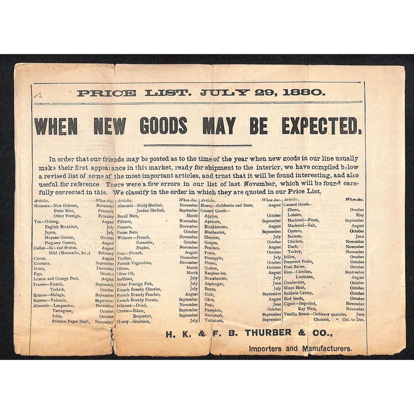 H.K. & F.B. Thurber & Co NYC 1880 Newspaper-Style Whsl. Food Price List TORN*