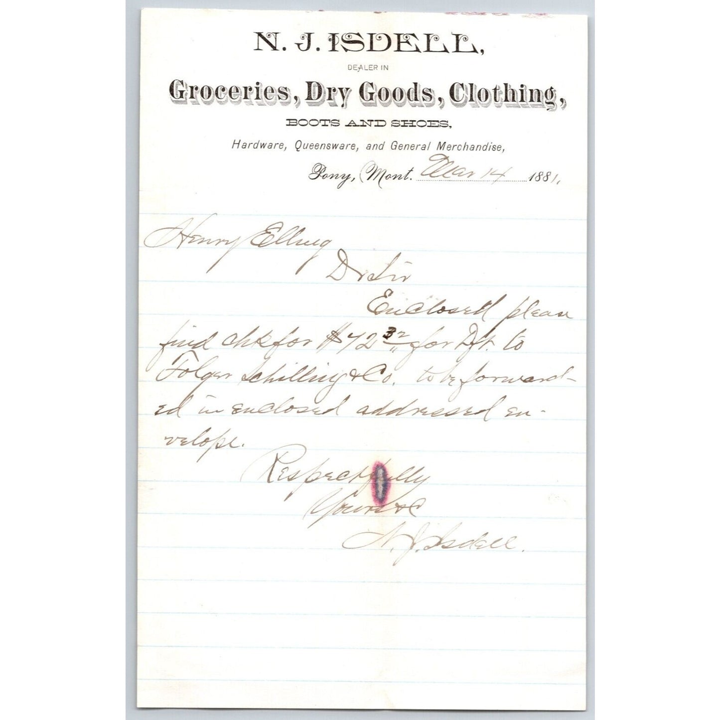 N.J. Isdell Pony, MT Dry Goods 3/14 1881 Credit Advice Billhead Henry Elling*