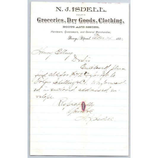 N.J. Isdell Pony, MT Dry Goods 3/14 1881 Credit Advice Billhead Henry Elling*