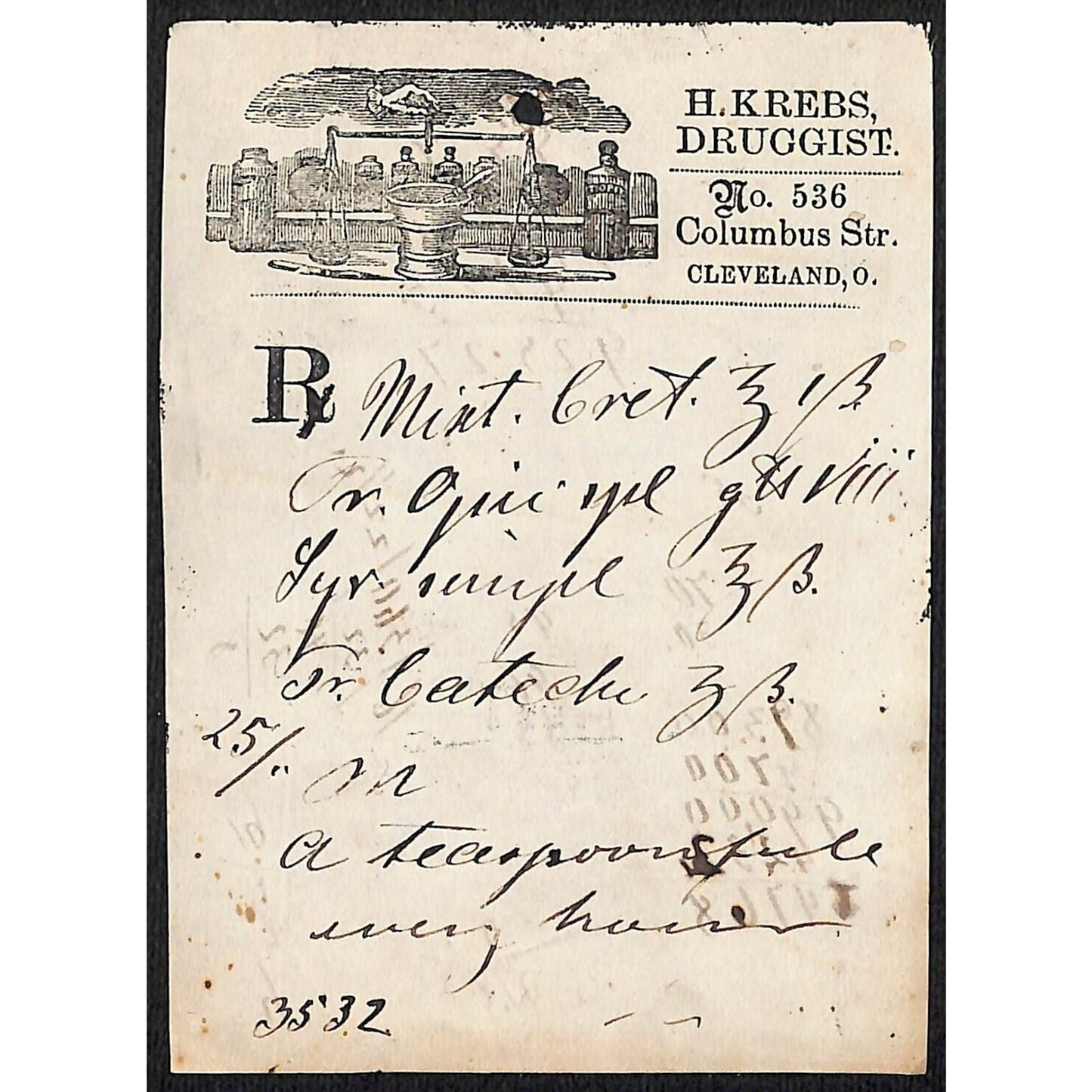 H. Krebs, Druggist Columbus St. Cleveland c1870's* Prescription #3532