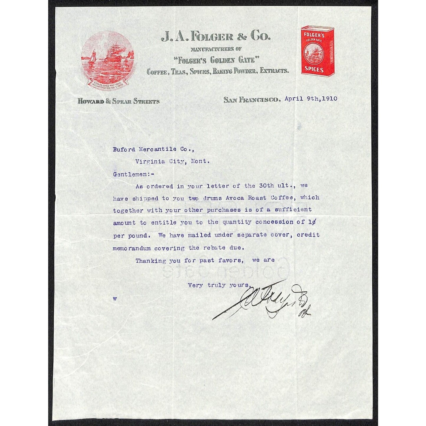 J. A. Folger Coffee 1910 Letterhead to Buford* re: 2 Drums of Avoca Roast Coffee