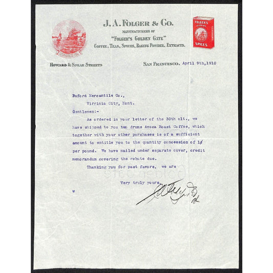 J. A. Folger Coffee 1910 Letterhead to Buford* re: 2 Drums of Avoca Roast Coffee