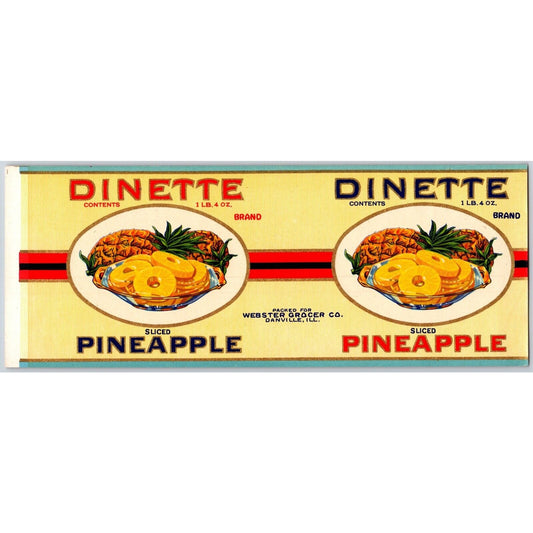 Dinette Brand Sliced Pineapple Webster Danville, IL Paper Can Label c1940's VGC