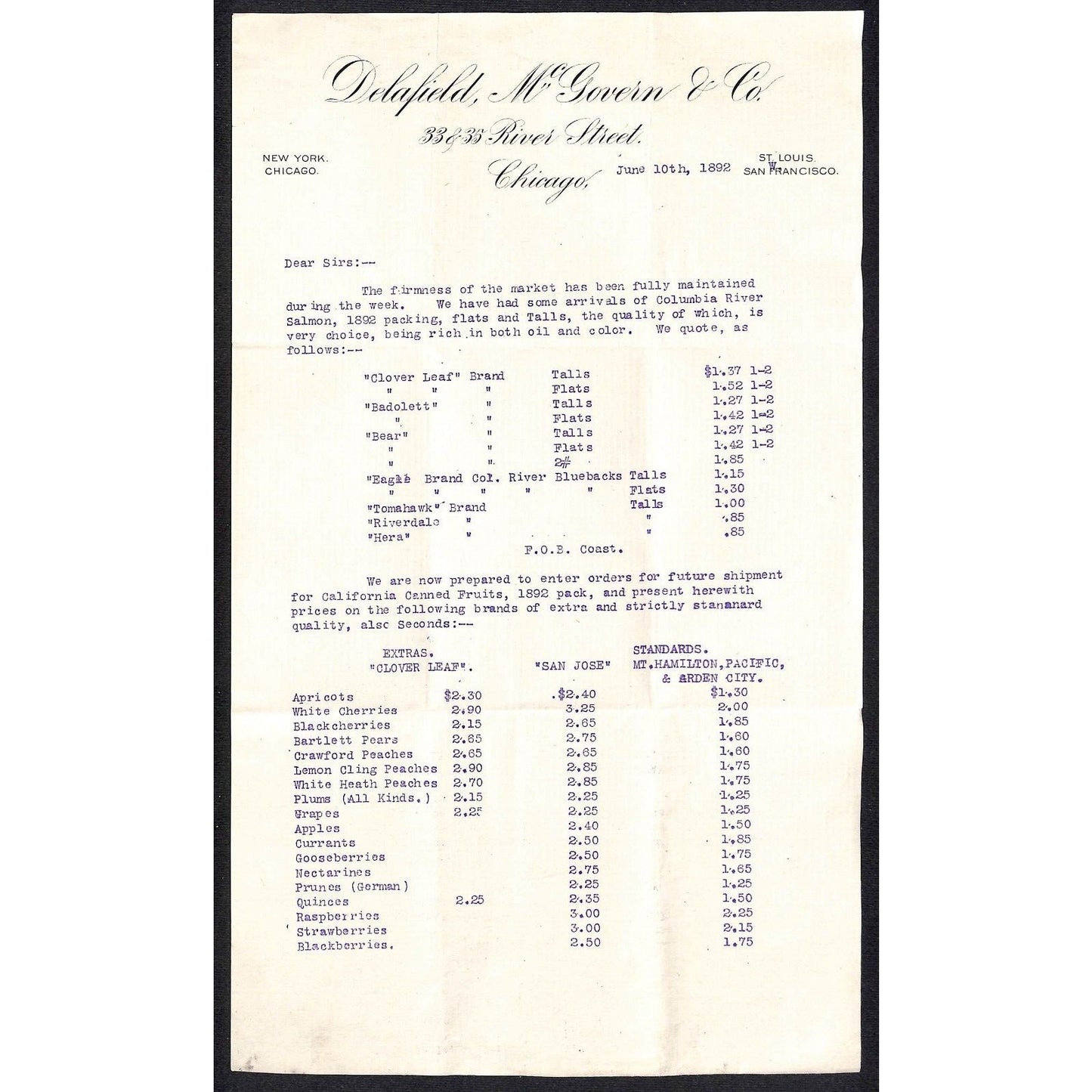 Delafield, McGovern & Co 1886 2pp Letterhead Fruit Packing Price List VGC Scarce