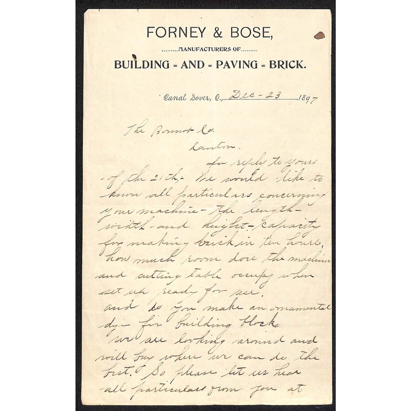 Forney & Bose Building and Paving Brick 1897 Canal Dover, OH Letterhead 1st pp