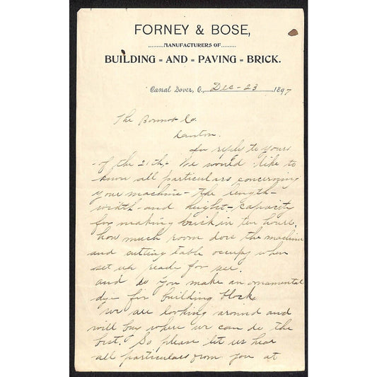 Forney & Bose Building and Paving Brick 1897 Canal Dover, OH Letterhead 1st pp