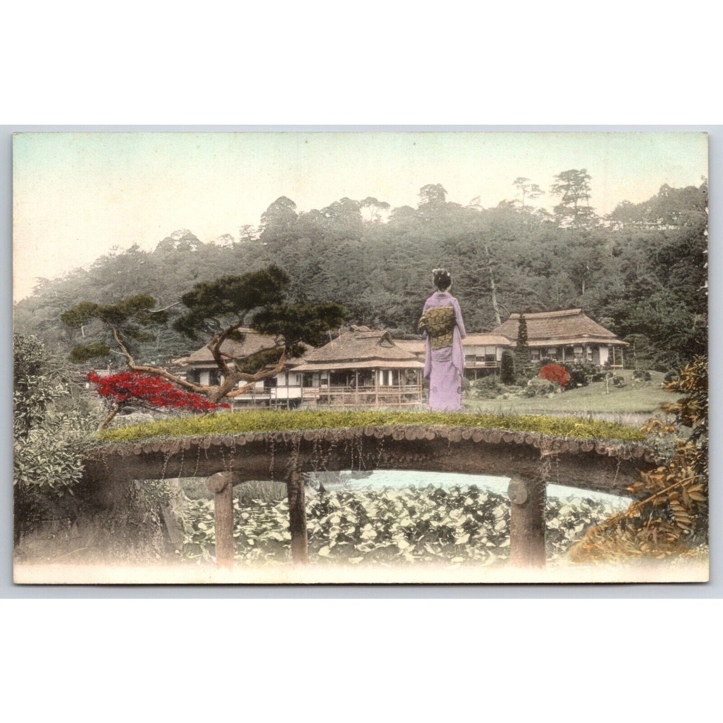 Woman on Wooden Bridge Looking Japanese Postcard - Tinted RPPC* c1910-20's VGC