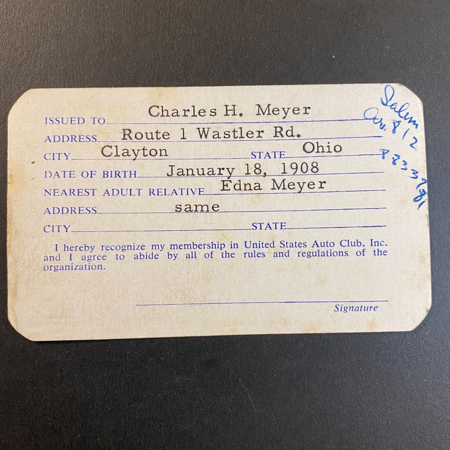 1965 USAC "Conditional" Chief Mechanic Membership Card "Charles Henry Meyer" VGC