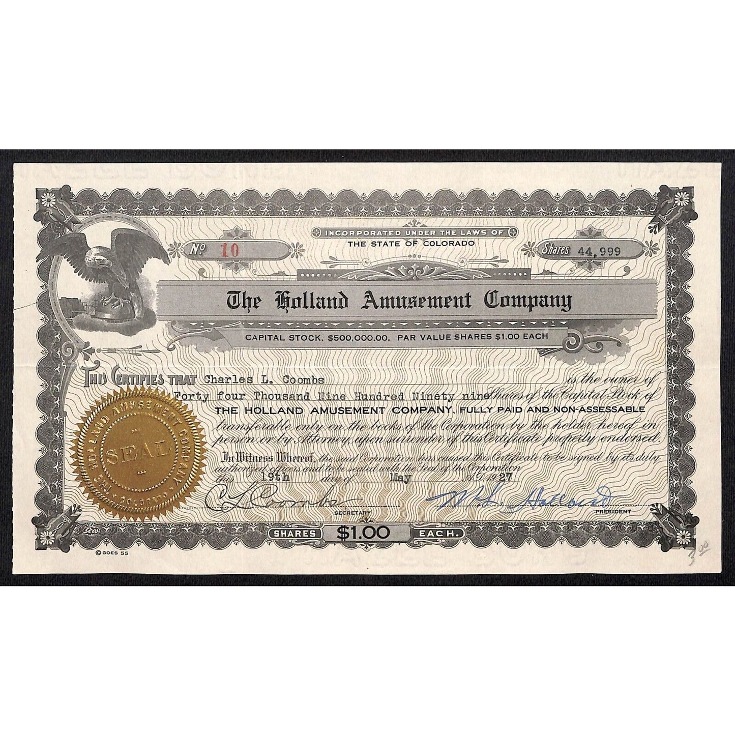 Holland Amusement Company Colorado 1927 Stock Certificate #10 44,999 Shares