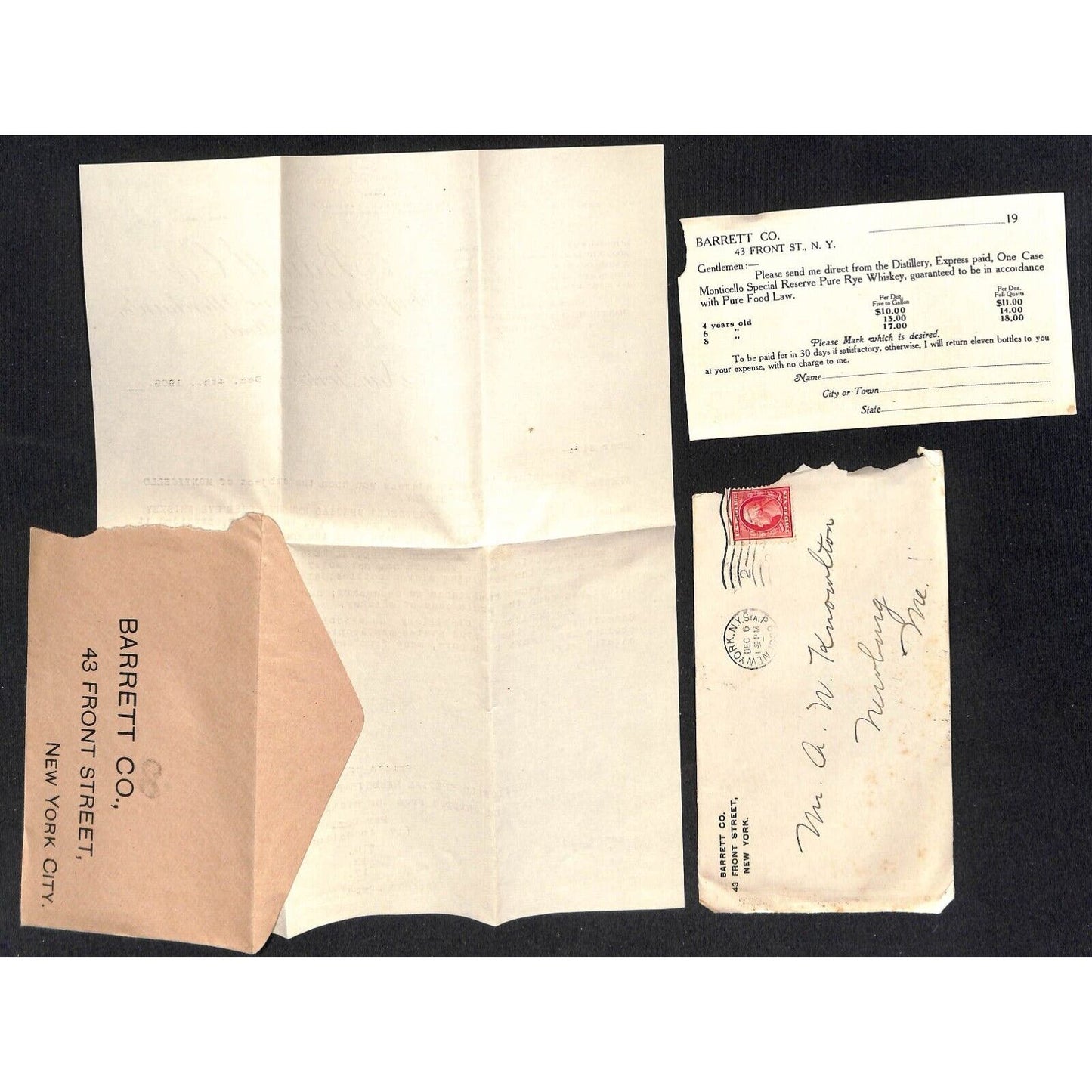 Barrett Co. NYC Wine Merchants 1909 Letterhead / Order Form & Cover Knowlton*
