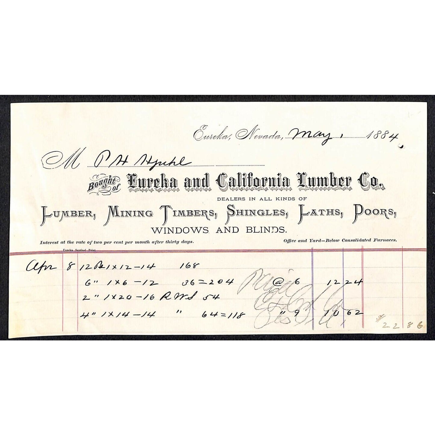 Eureka and California Lumber Co Nevada 1884 Billhead Mining Timbers - VGC Scarce