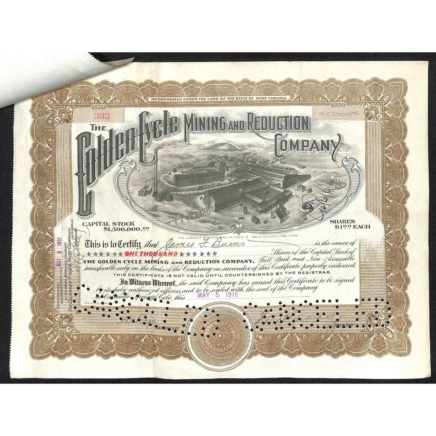 Golden Cycle Mining 1915 Stock Certificate w/ James F. Burns Sig. #383