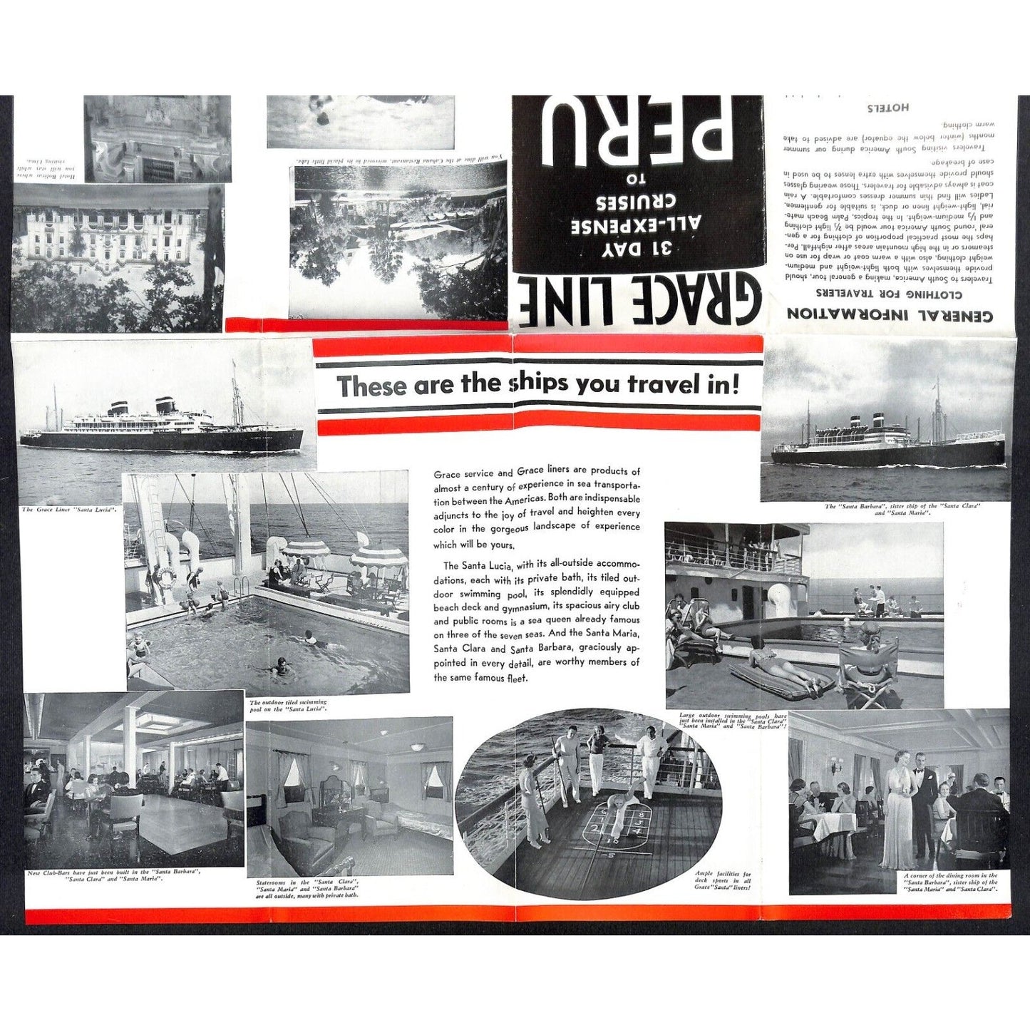 Grace Line Ocean Liner 31 Day Cruises to Peru 1938 16" x 18" Brochure