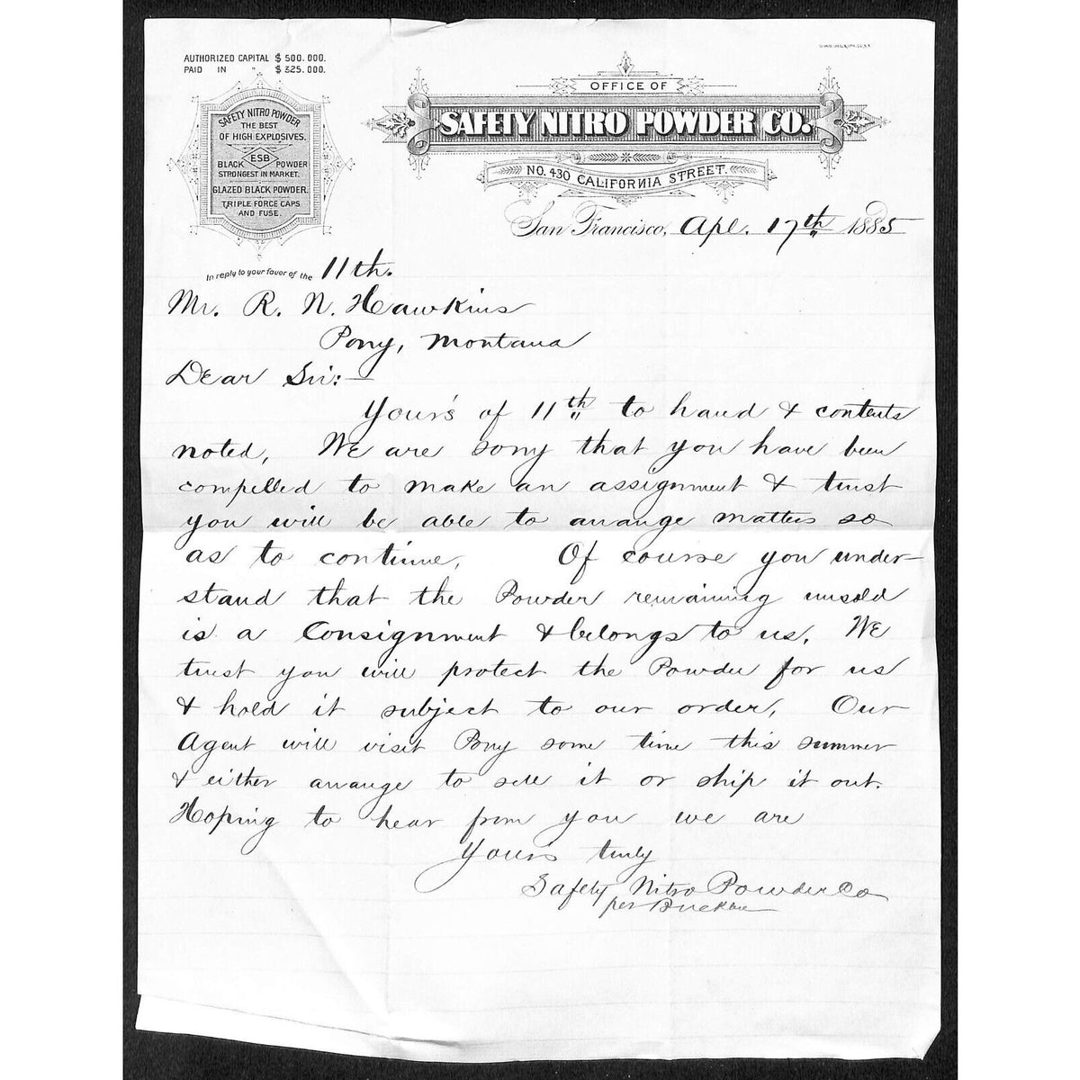 Safety Nitro Powder Co. San Francisco 4/17 1885 ALS Letterhead S.R. Buford*