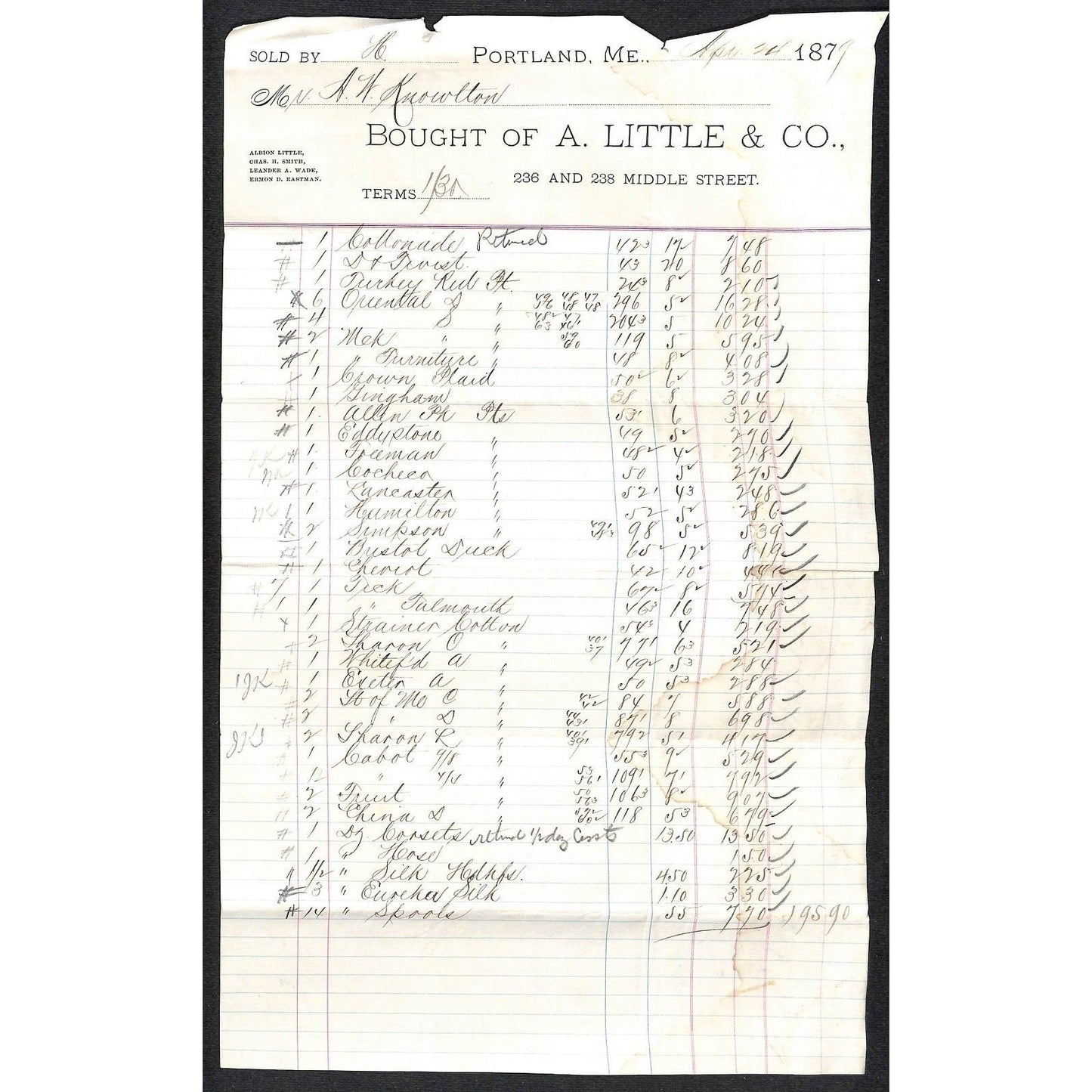 1879 A.W. Knowlton* Newburgh, ME A. Little & Co. Portland Large List Billhead