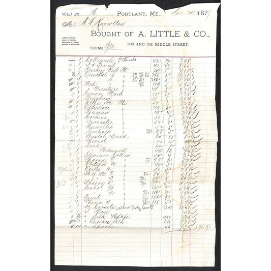 1879 A.W. Knowlton* Newburgh, ME A. Little & Co. Portland Large List Billhead