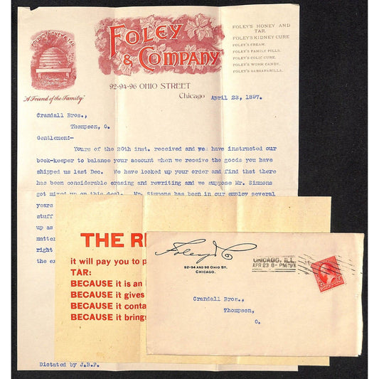 Foley & Company Honey & Tar Chicago 1897 Letterhead, Insert & Cover Beehive