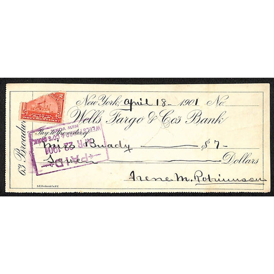 1901 Wells Fargo & Co Bank 63 Broadway NYC Check w/ Rev Stamp Miss. Buady