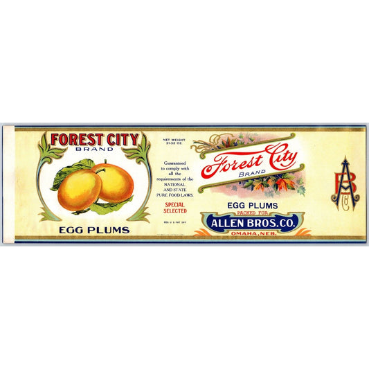Egg Plums Forest City Brand Allen Bros. Omaha Paper Can Label c1925-35 NOS VGC