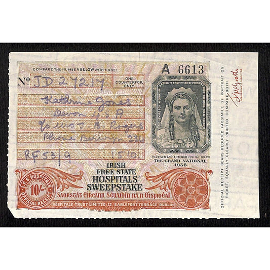 1938 Irish Lottery / Free State Hospitals' Sweepstakes Ticket #6613