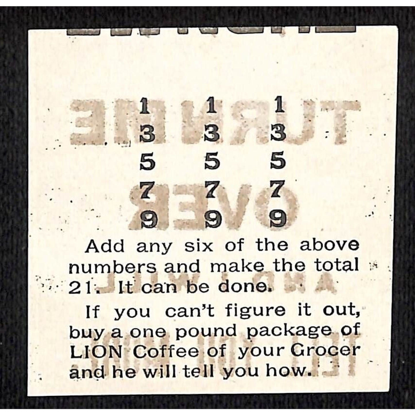 Lion Coffee c1880's-90's "Turn Me Over" Addition Game Retail Grocers Game Sheet