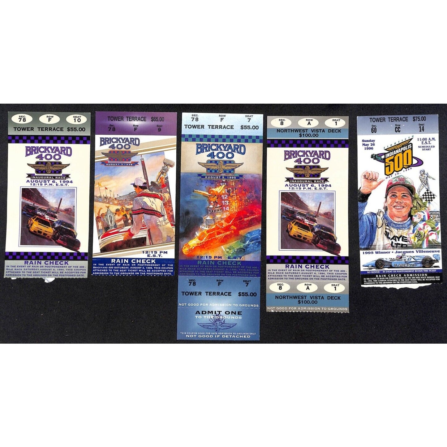 Brickyard 400 Ticket Stubs 1994 1995 1996 & 1996 Indy 500 Stub - Group of 5