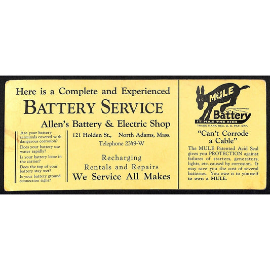 Allen's Battery & Electric Shop Ink Blotter North Adams MA c1935 Mule Battery