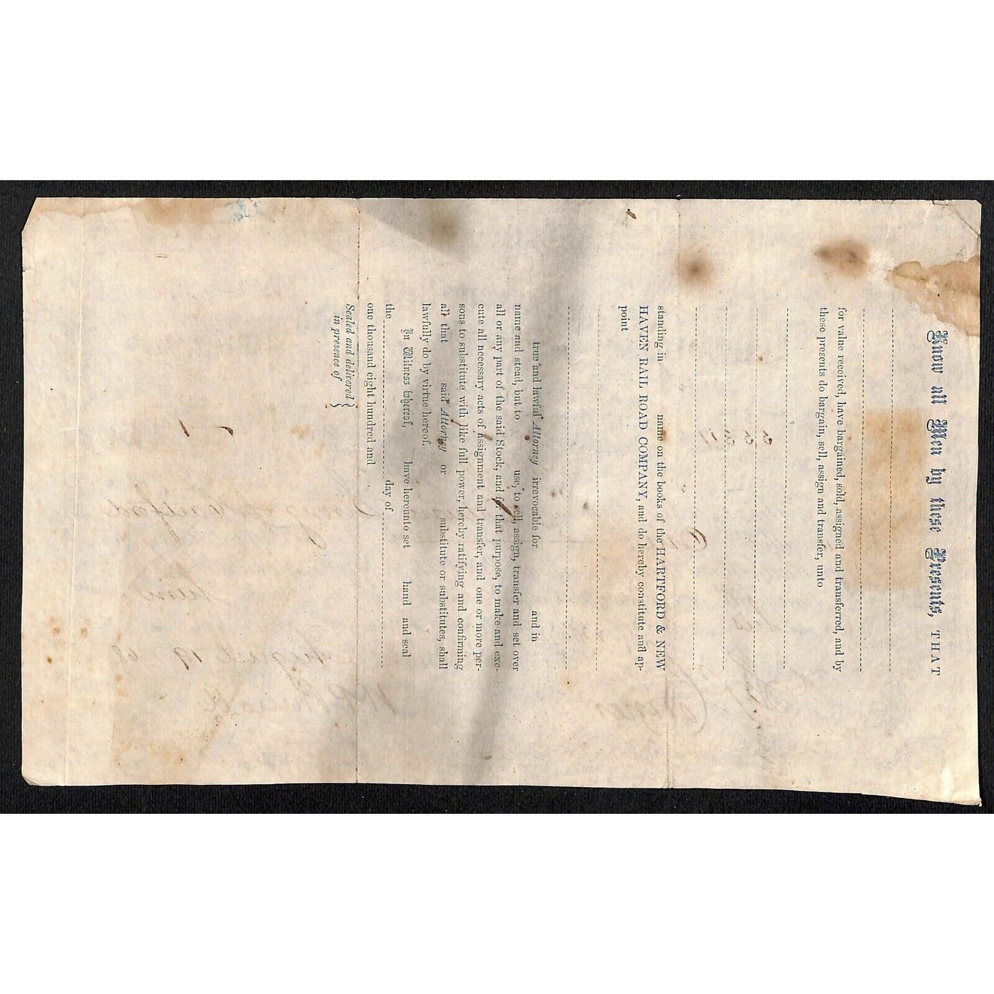 Hartford and New Haven Railroad 1868 Stock Certificate #5534 Edwin Strong