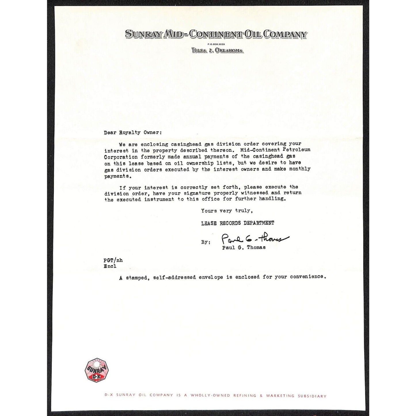 c1956 Sunray Mid-Continent Oil Co. Tulsa, OK Letterhead re: Gas Lease