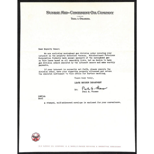 c1956 Sunray Mid-Continent Oil Co. Tulsa, OK Letterhead re: Gas Lease
