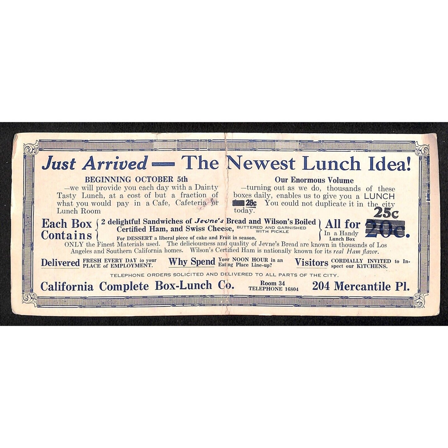 California Complete Box Lunch Co. (Los Angeles?) Ink Blotter c1920's Scarce