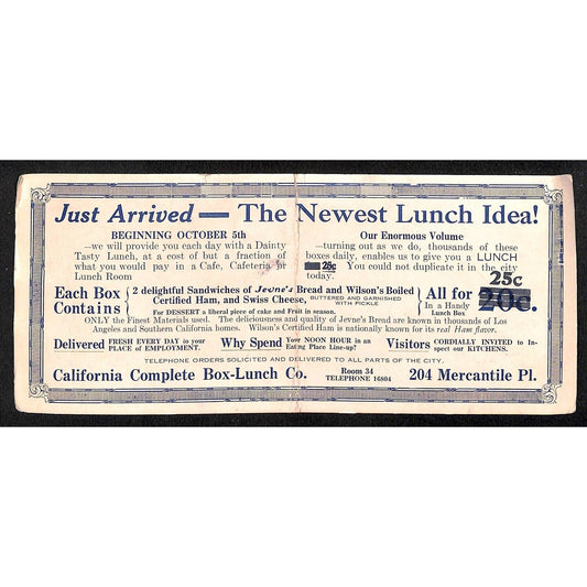 California Complete Box Lunch Co. (Los Angeles?) Ink Blotter c1920's Scarce