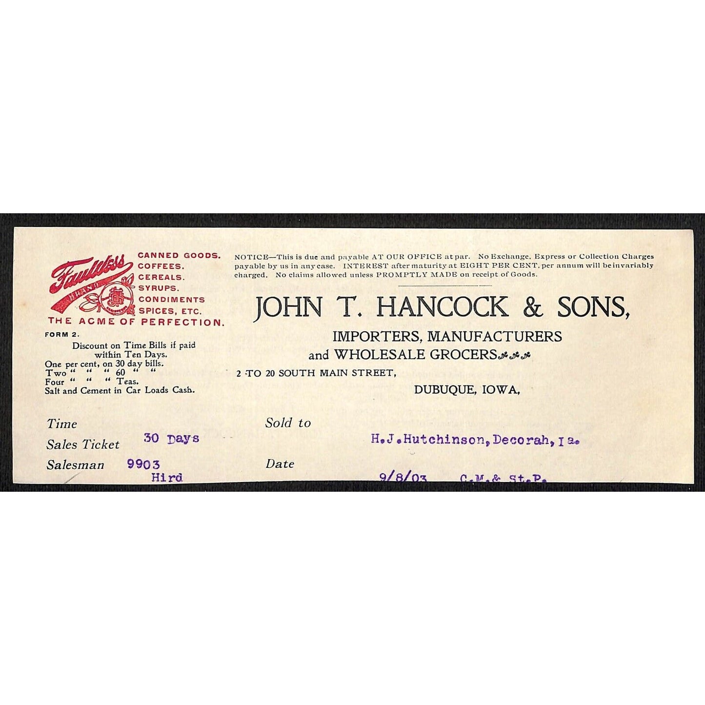 John T Hancock & Sons Dubuque Grocers - Hutchinson Decorah* 1903 Cut Billhead