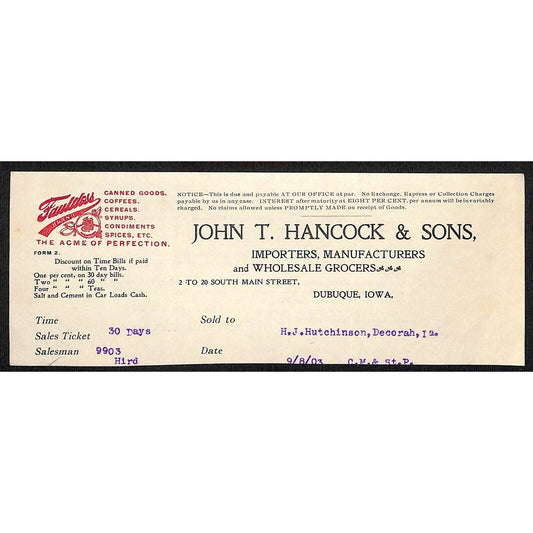 John T Hancock & Sons Dubuque Grocers - Hutchinson Decorah* 1903 Cut Billhead