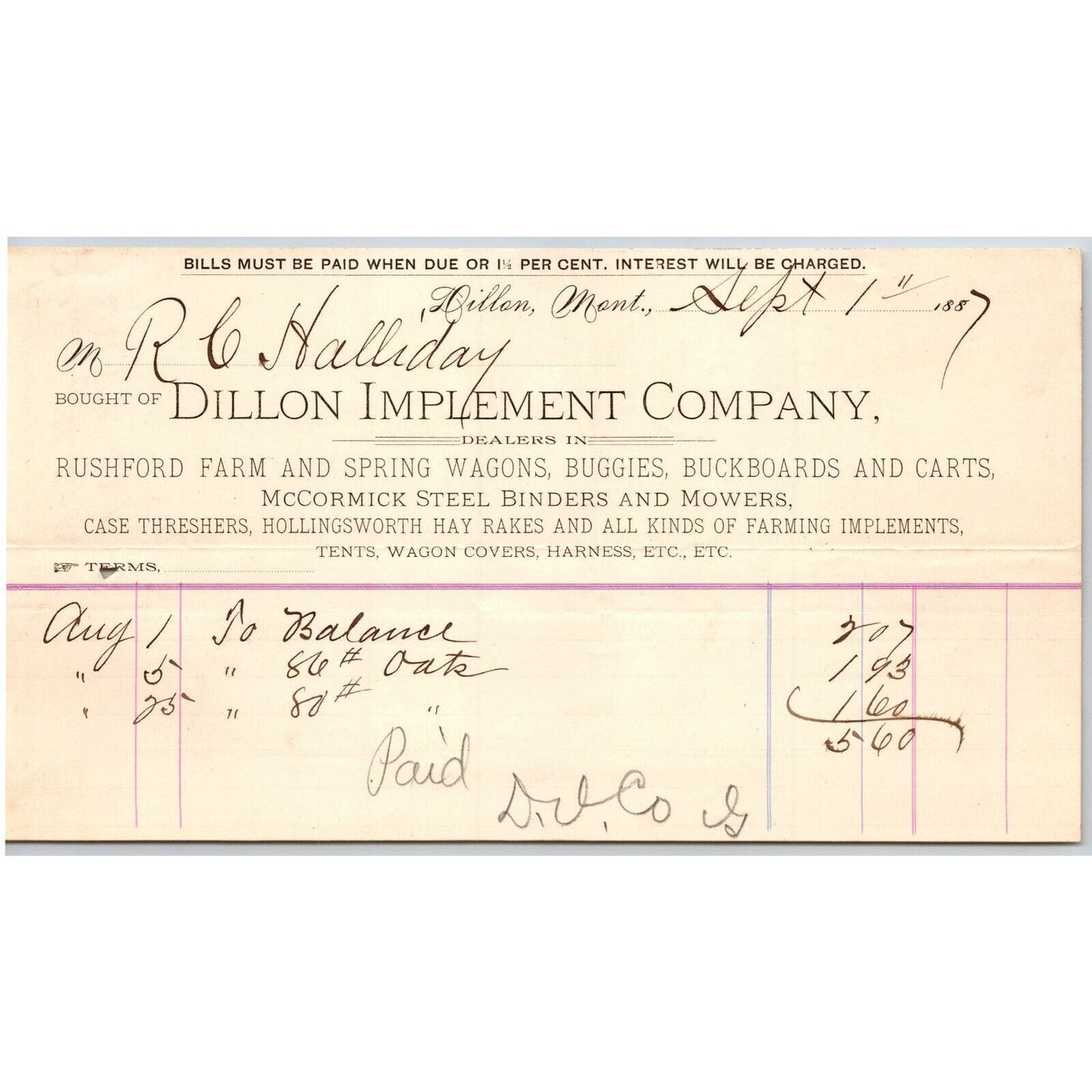 Dillon MT Dillon Implement Company Case Threshers 1887 Billhead R.C. Halliday*