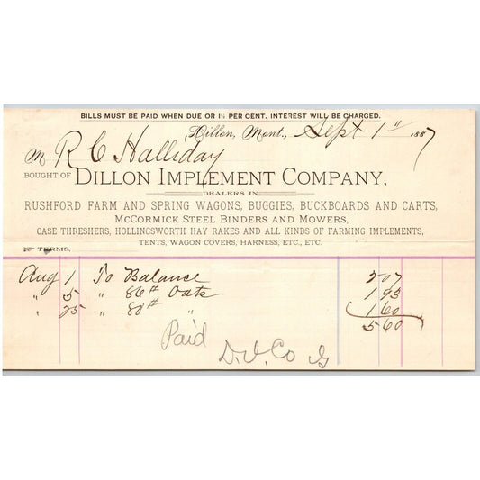 Dillon MT Dillon Implement Company Case Threshers 1887 Billhead R.C. Halliday*