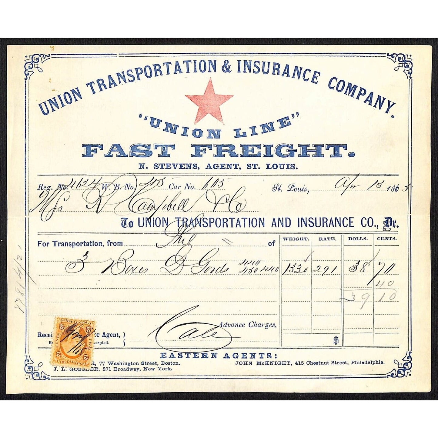 Union Transportation & Ins. Co. PRR "Union Line" Fast Freight Car #605 1865