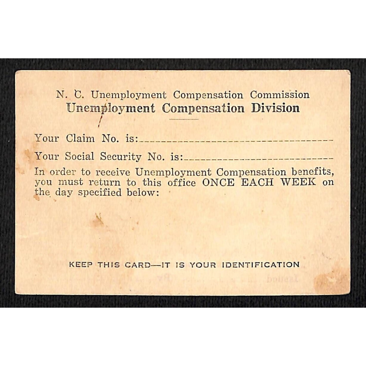 1938 North Carolina State Employment Service Applicant's ID Card