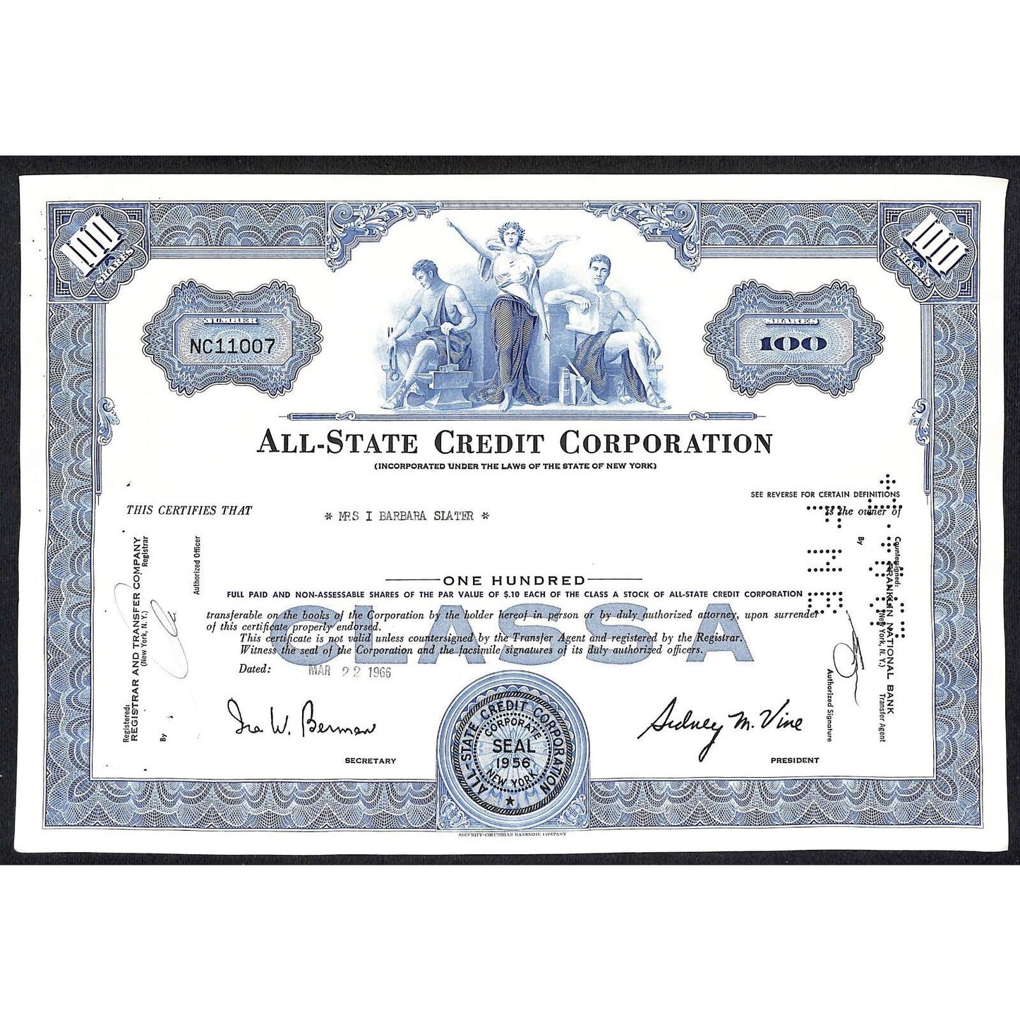 All State Credit Corporation NY 1966 Stock Certificate to Mrs. I Barbara Slater