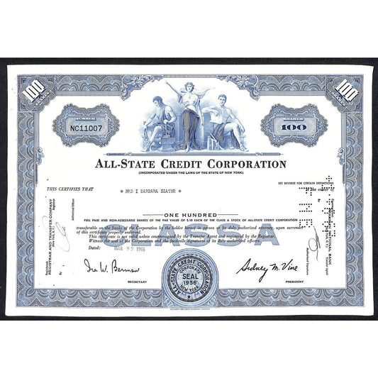 All State Credit Corporation NY 1966 Stock Certificate to Mrs. I Barbara Slater