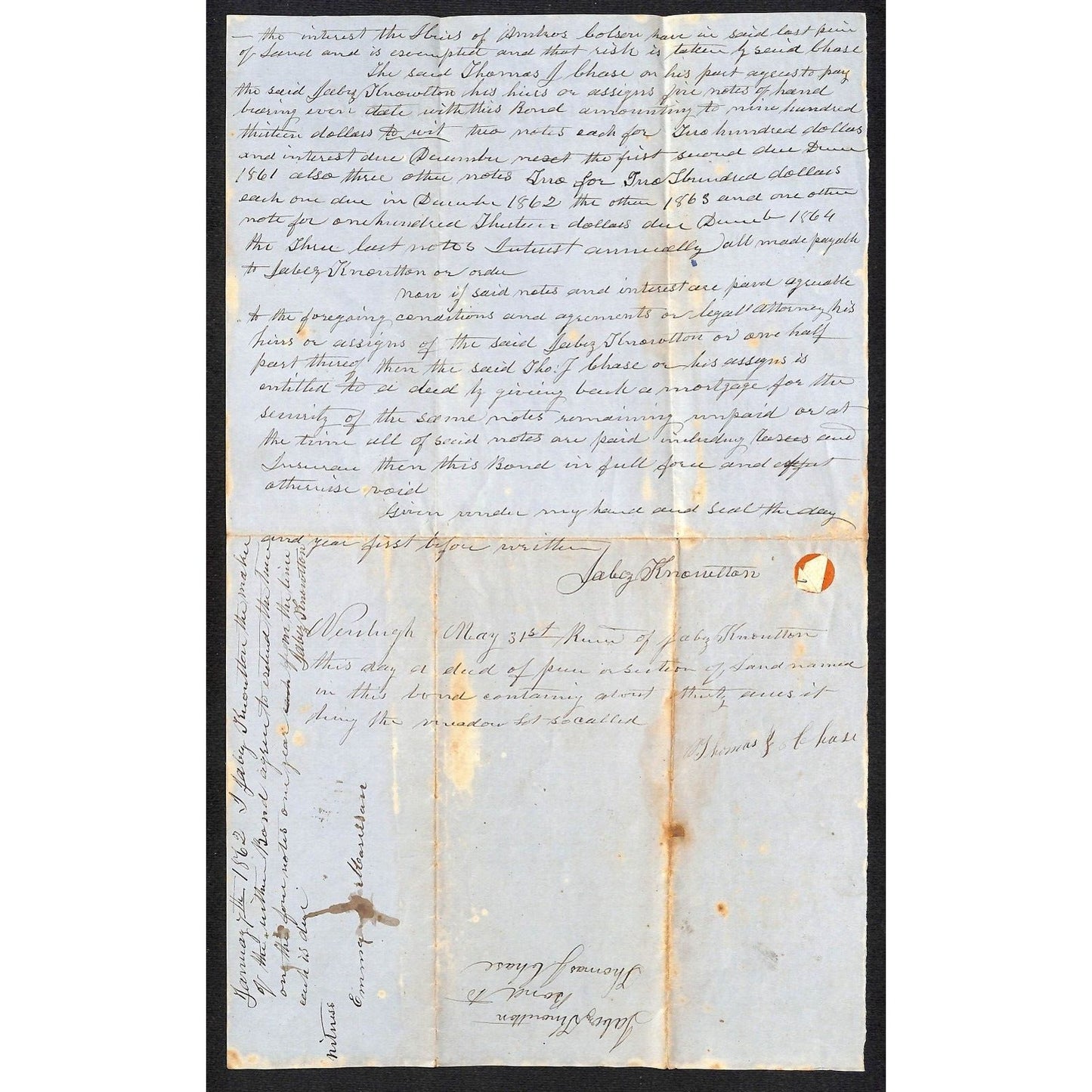 1856 Jabez Knowlton* Newburgh, ME Bond to Thomas Chase / Property Document