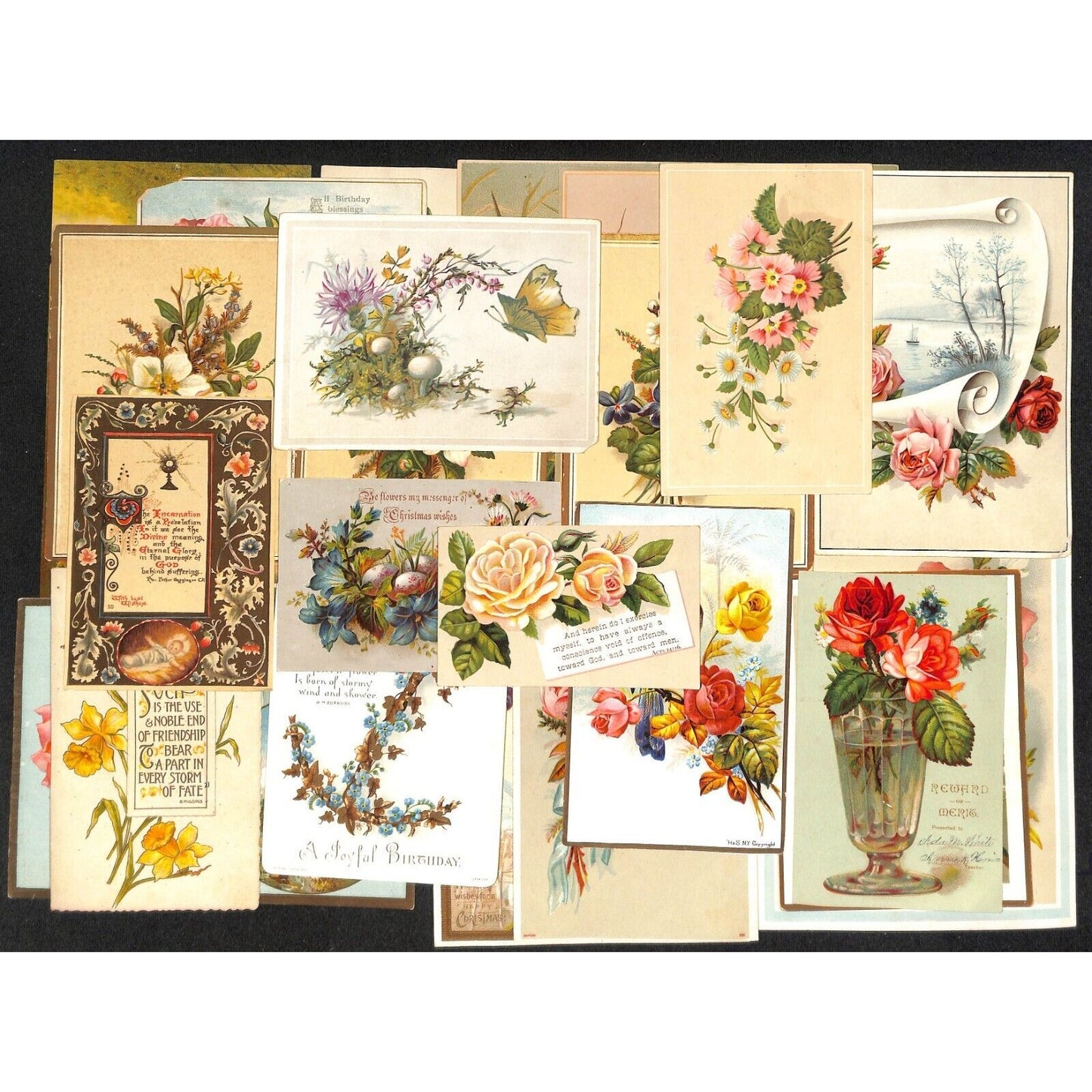 Group of 33 Mostly Floral Themed Victorian Greeting / Holiday Cards