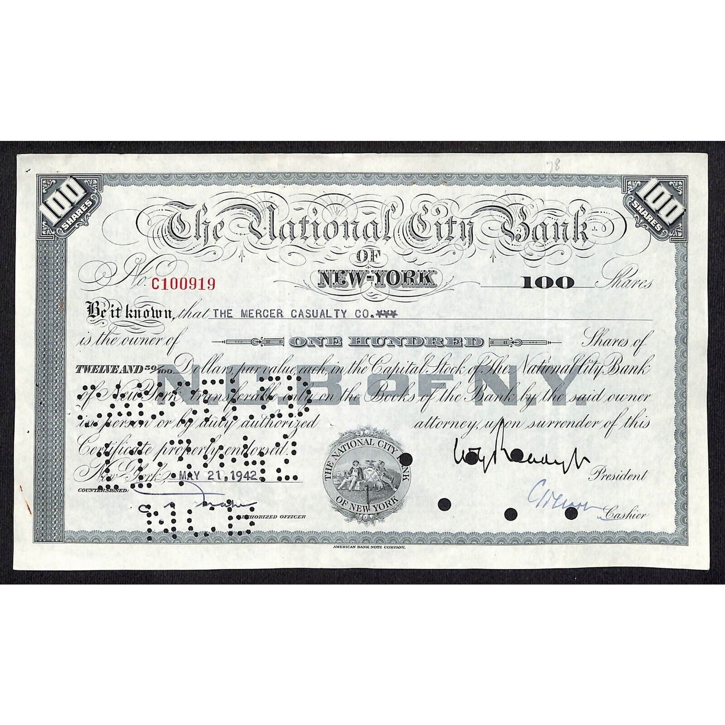 National City Bank of New York 1942 Stock Certificate to The Mercer Casualty Co.