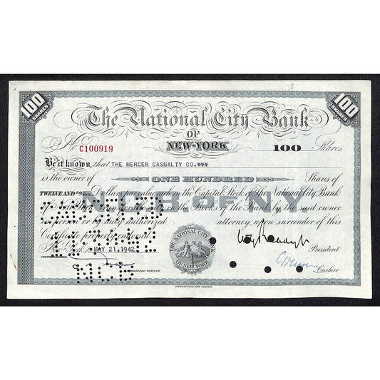 National City Bank of New York 1942 Stock Certificate to The Mercer Casualty Co.