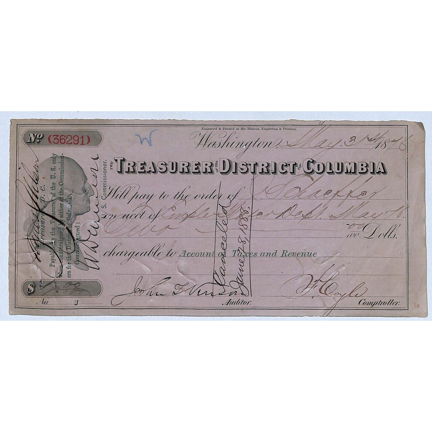 1876 Treasurer District of Columbia Commissioners Warrant / Check "J. Schaeffer"