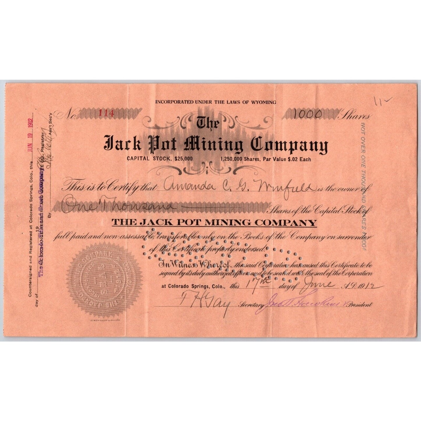 Jack Pot Mining Co. 1912 Stock Certificate Cripple Creek District #114