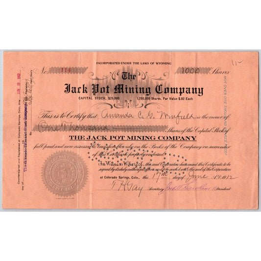 Jack Pot Mining Co. 1912 Stock Certificate Cripple Creek District #114