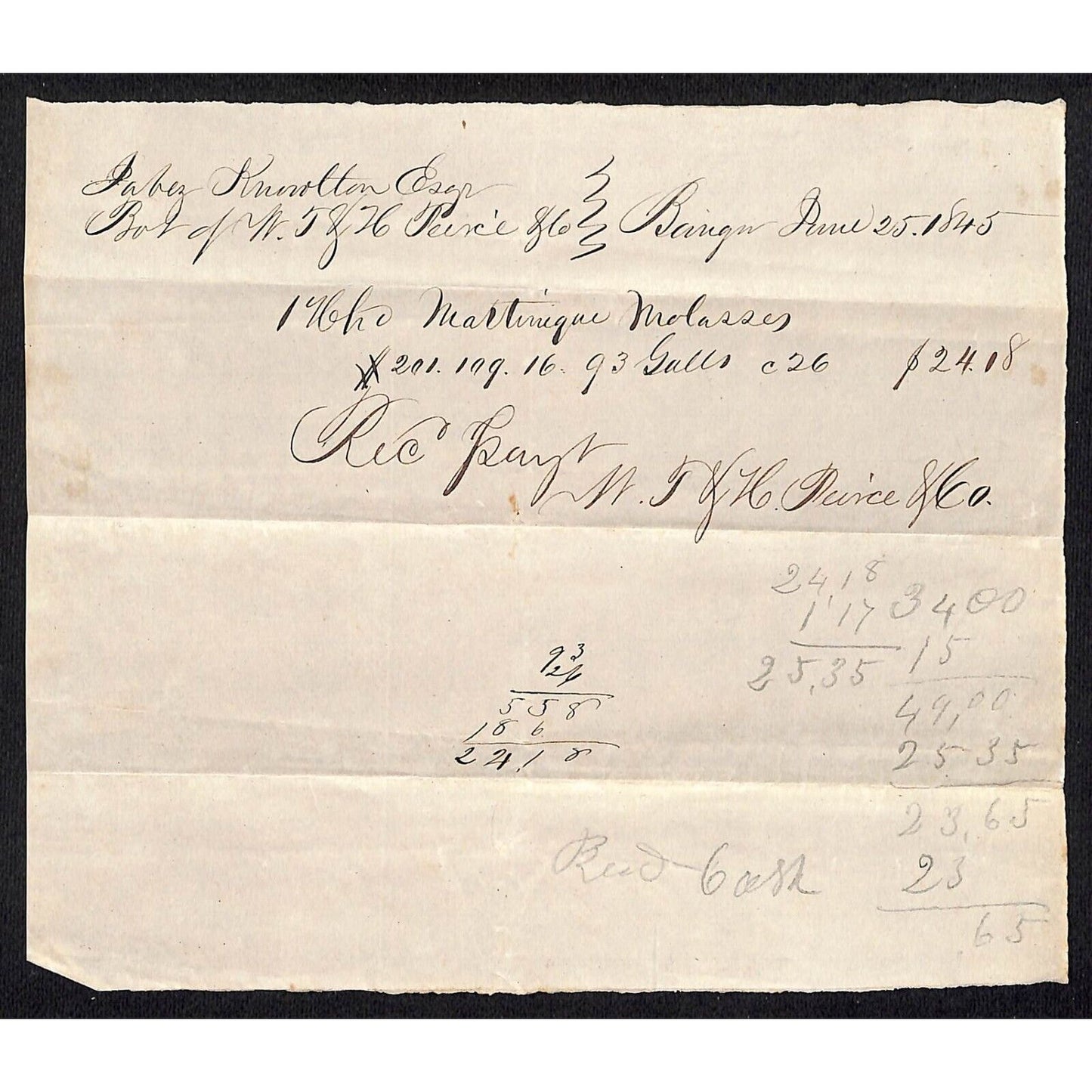 1845 Jabez Knowlton* Newburgh ME Hand Written Receipt for "Martinique Molasses"
