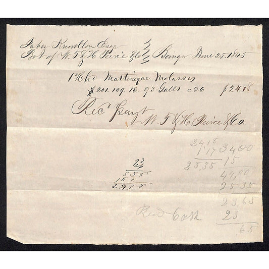 1845 Jabez Knowlton* Newburgh ME Hand Written Receipt for "Martinique Molasses"