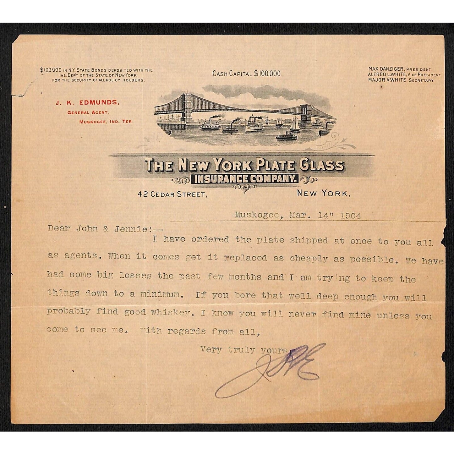 1904 New York Plate Glass Ins. Co. Muskogee, OK I.T. Letterhead Bridge Vignette